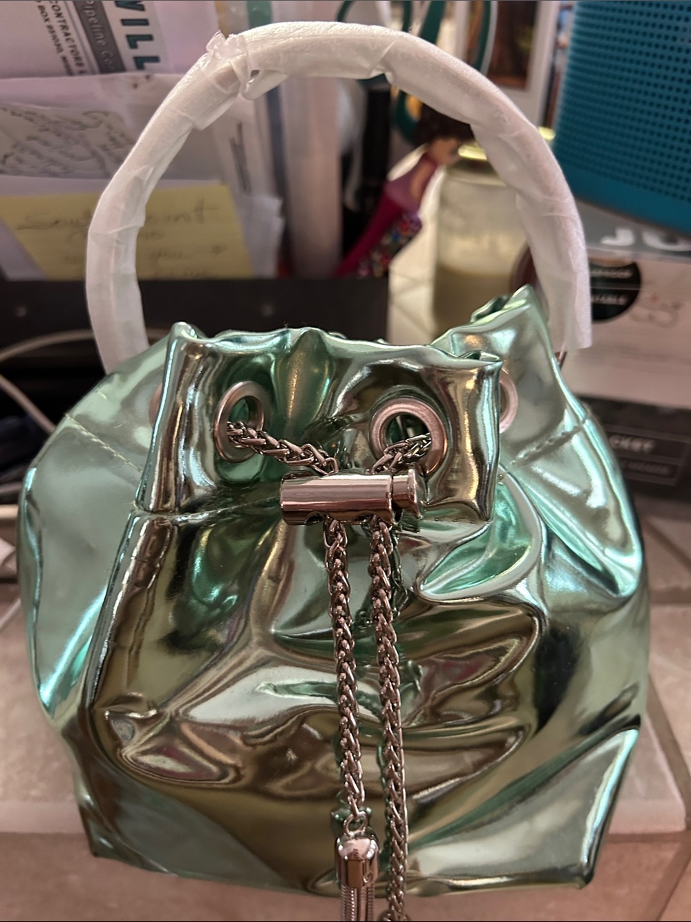 Iridescent Metallic Green Drawstring Mini Bag - Women